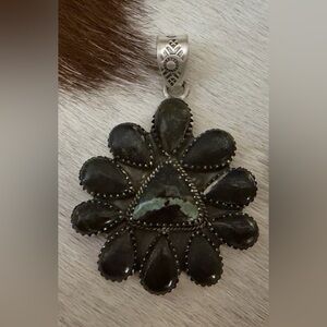 ❤️Huge Black Jack Turquoise Cluster Pendant Navajo Style Sterling Unisex Pendant